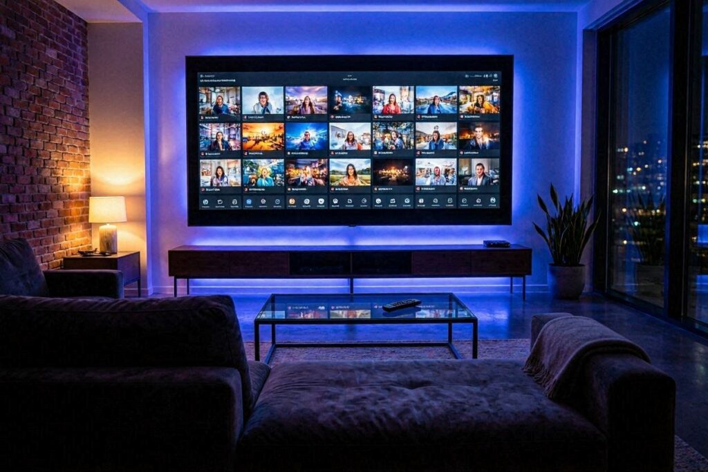 Best IPTV in USA 2026 - Modern living room with smart TV streaming channels