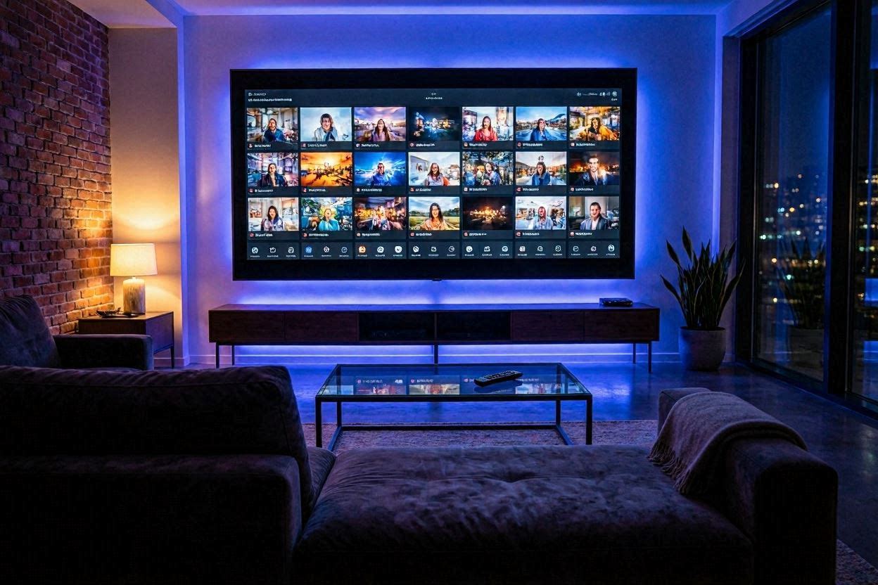 Best IPTV in USA 2026 - Modern living room with smart TV streaming channels