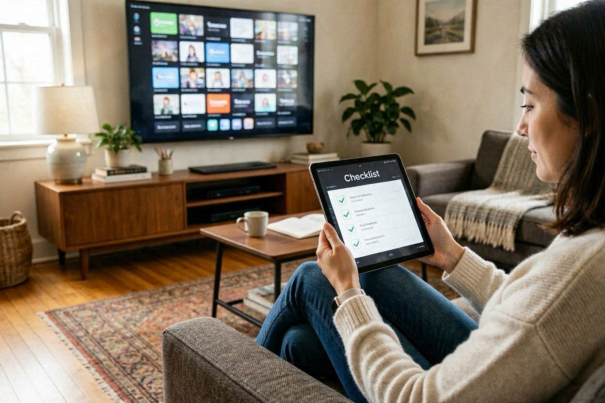 How to choose IPTV provider USA 2026 - Person with tablet and smart TV