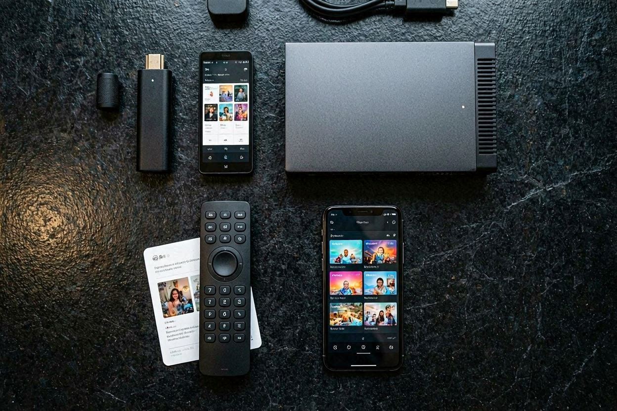 IPTV compatible streaming devices including Fire Stick, set-top box, and smartphone