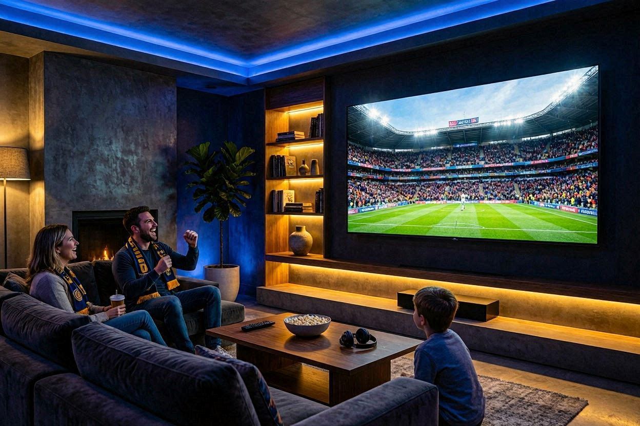 Live sports streaming on big screen TV - football game in HD